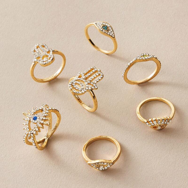 

7pcs Rhinestone Engraved Hand & Eye Decor Ring, Gold