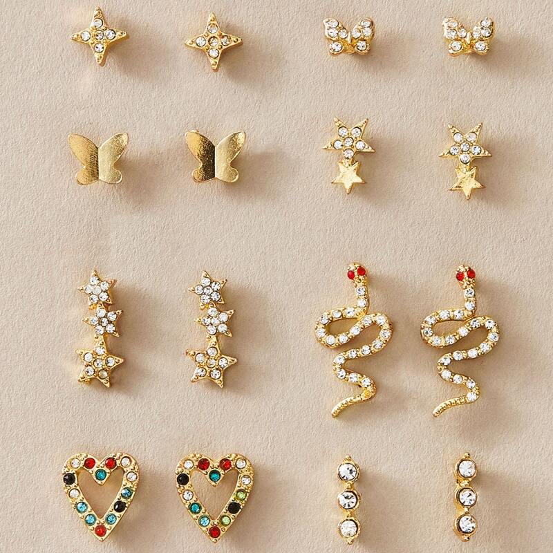 

8pairs Rhinestone Decor Butterfly & Heart Decor Earrings, Gold