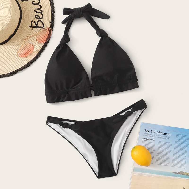 

Knot Detail Halter Triangle Bikini Swimsuit, Black