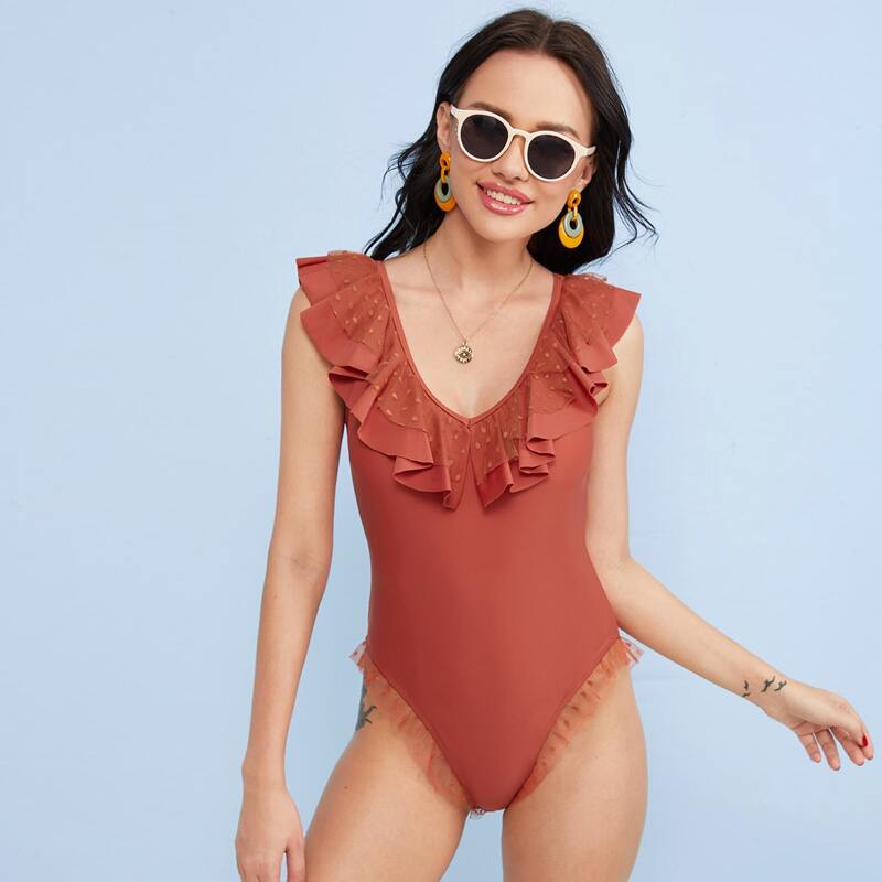 

Ruffle Trim Lace-up Back One Piece Swimsuit, Red