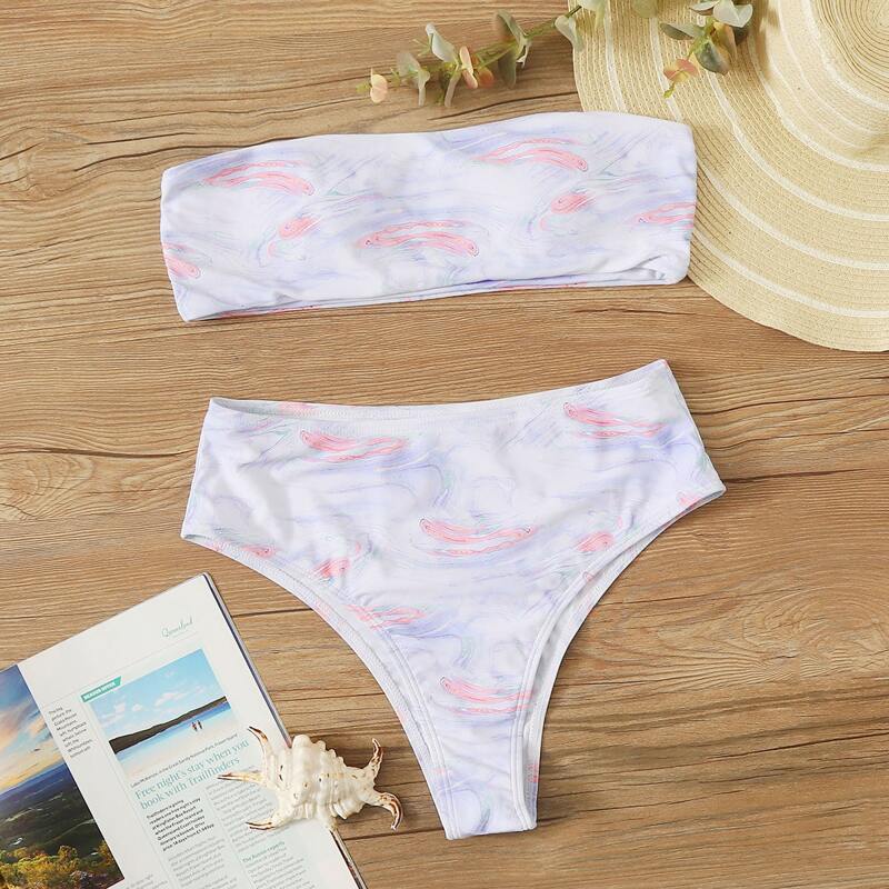 

Graphic Bandeau High Waist Bikini Swimsuit, Multicolor