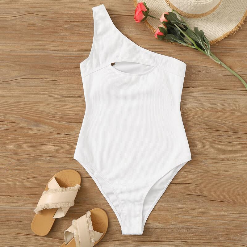 

Rib Cut-out One Shoulder One Piece Swimsuit, White