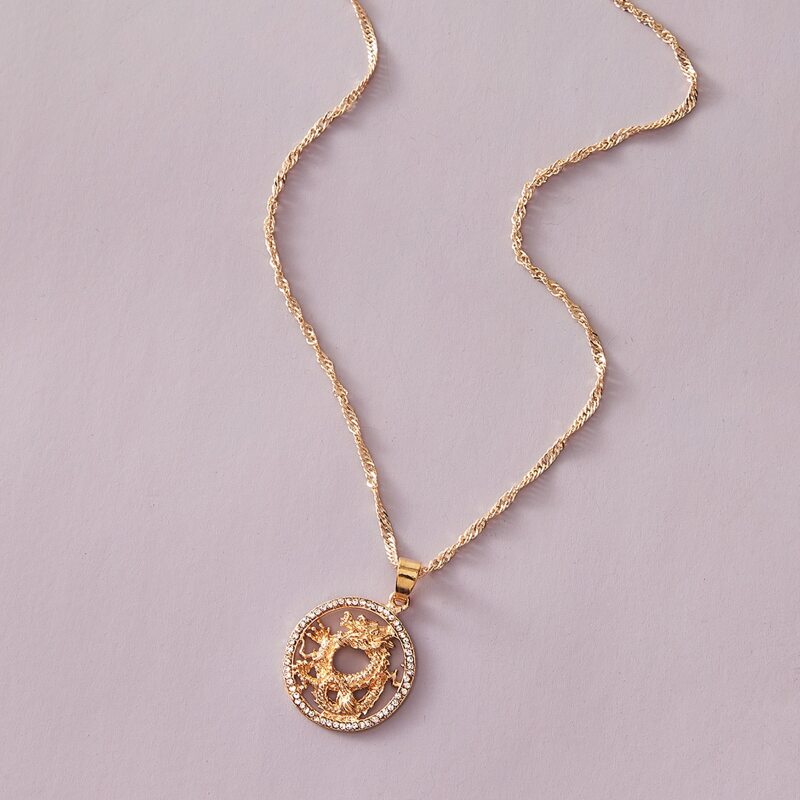

1pc Dragon Engraved Round Pendant Necklace, Gold