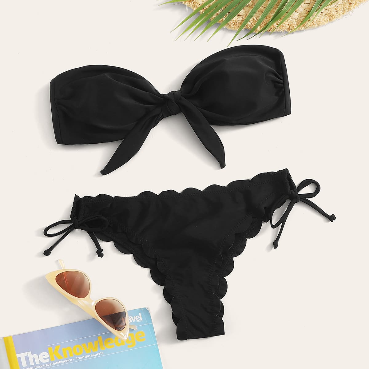 

Tie Front Bandeau Scallop Trim Tie Side Bikini Swimsuit, Black