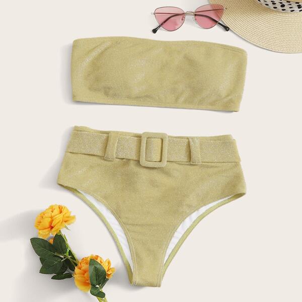 

Glitter Bandeau High Waist Bikini Swimsuit, Khaki