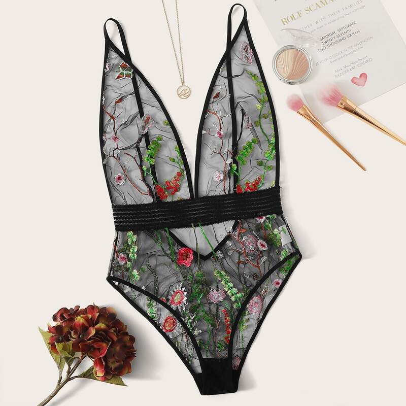 

Floral Embroidered Mesh Teddy Bodysuit, Black