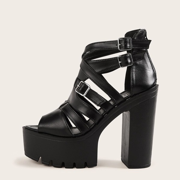

Peep Toe Strappy Platform Chunky Heels, Black