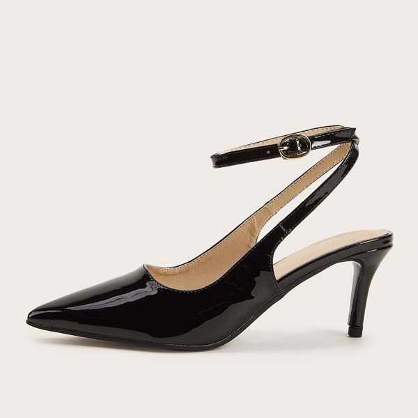 

Point Toe Ankle Strap Patent Heels, Black