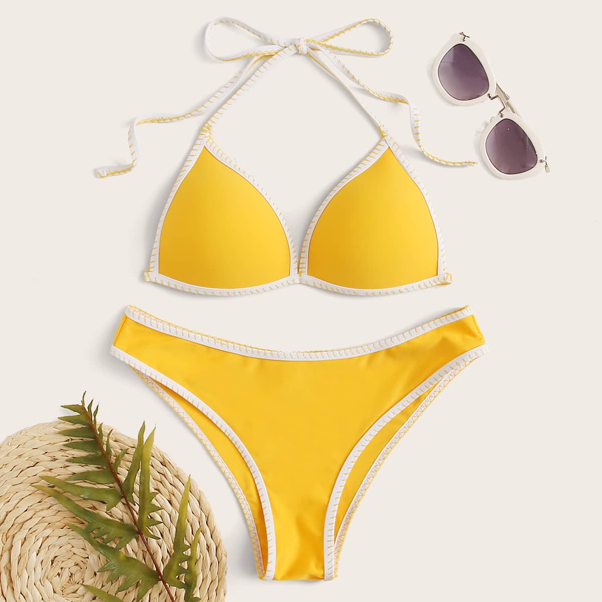 

Whip Stitch Halter Triangle Bikini Swimsuit, Yellow