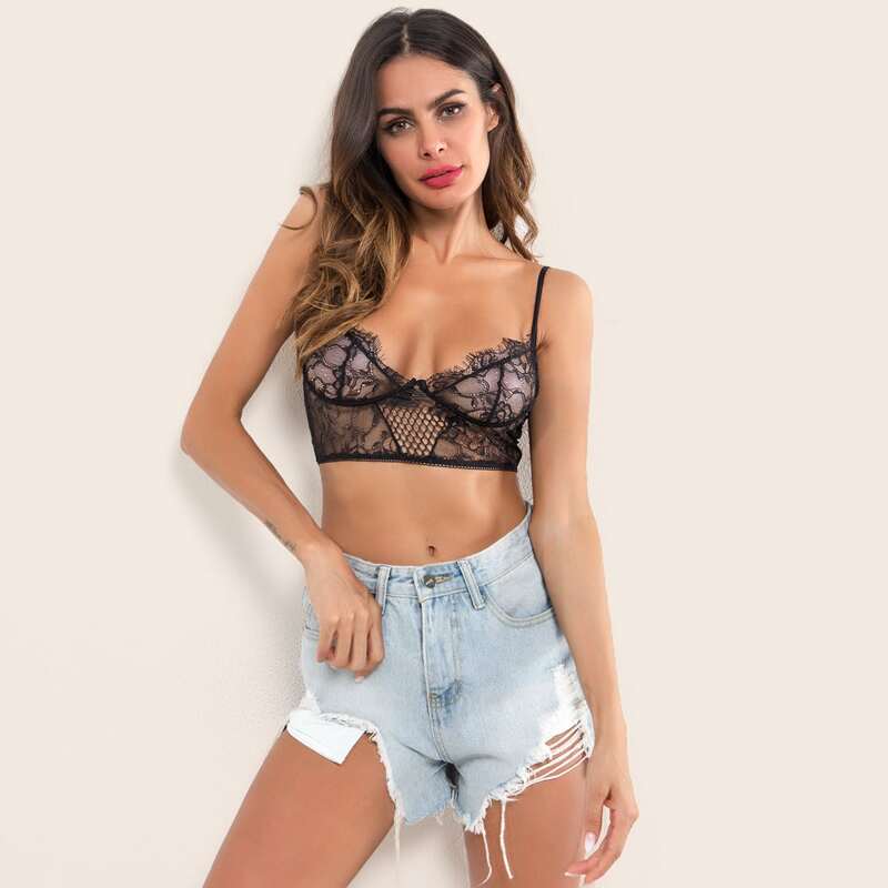

Contrast Fishnet Floral Lace Bra, Black