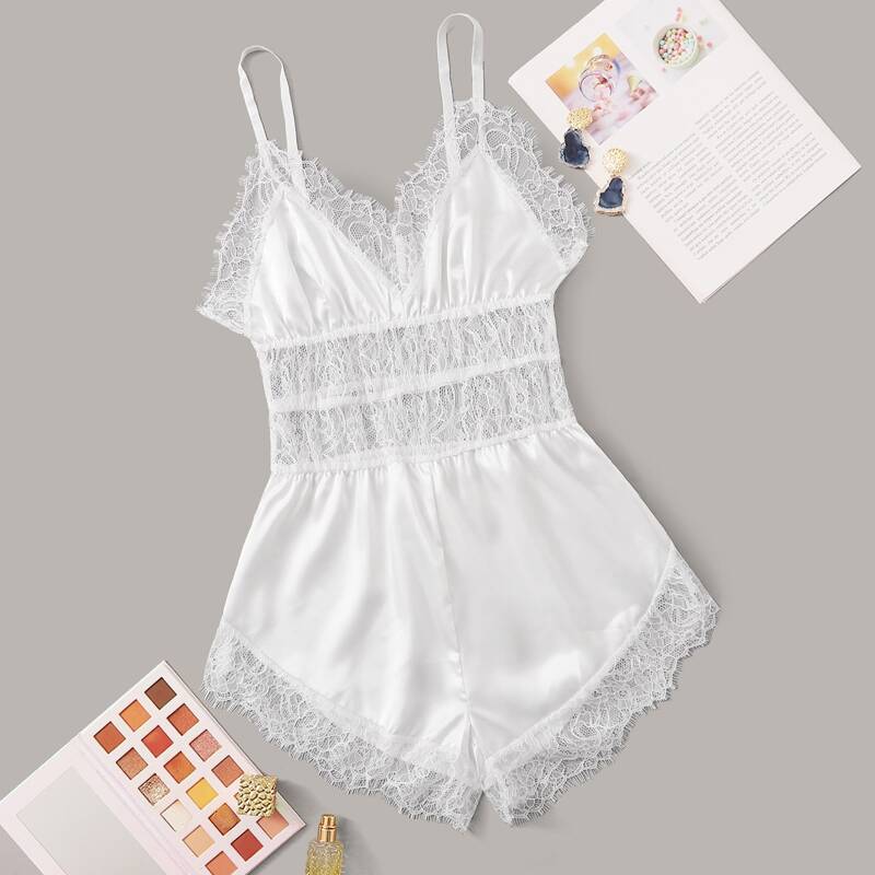 

Lace Trim Satin Romper Bodysuit, White
