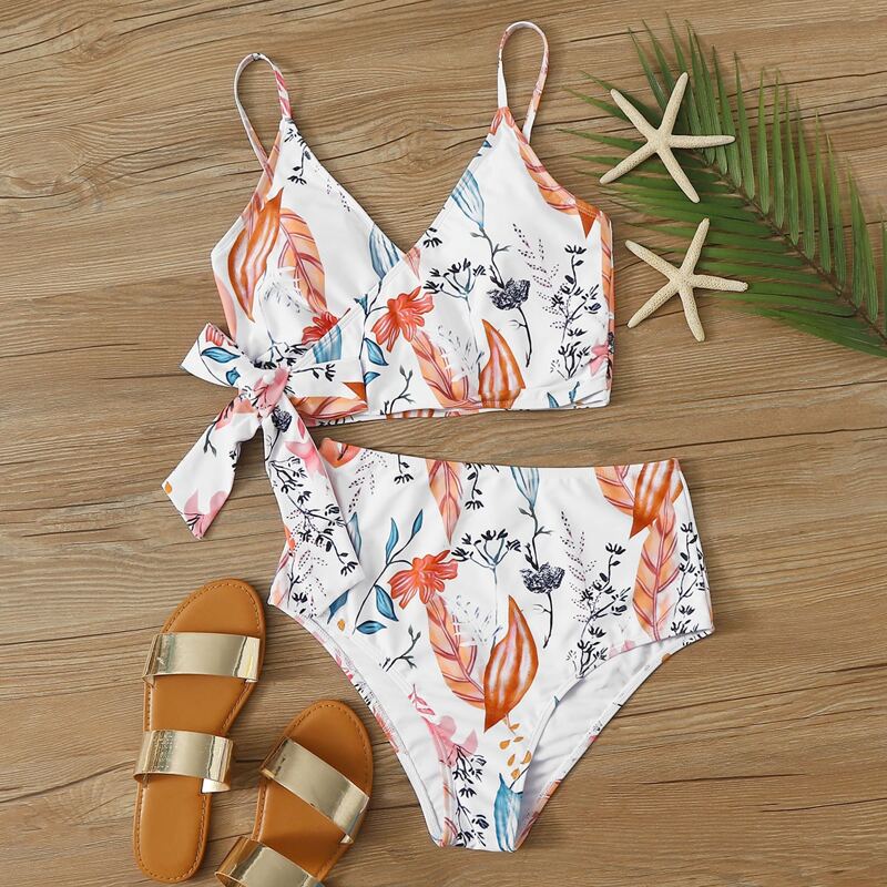 

Random Floral Wrap Self Tie Bikini Swimsuit, Multicolor