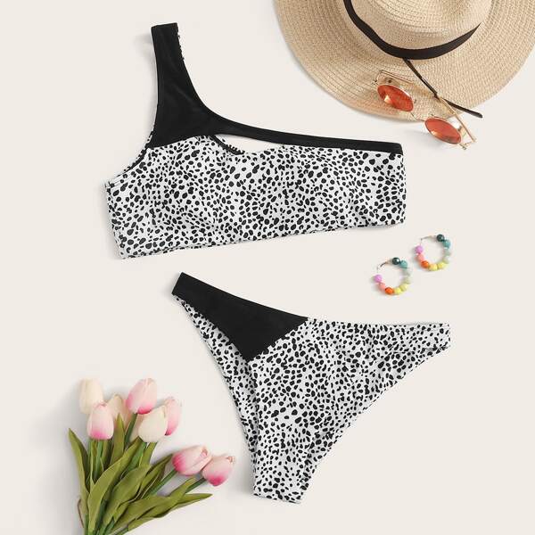 

Dalmatian One Shoulder Bikini Swimsuit, Black and white