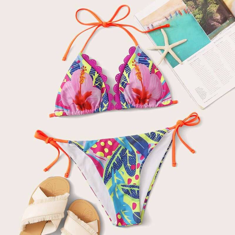 

Triangle Halter Random Plant Tie Side Bikini Swimsuit, Multicolor