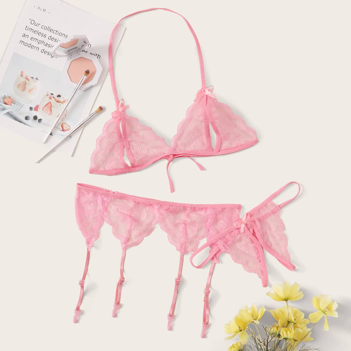 

Floral Lace Garter Lingerie Set, Pink