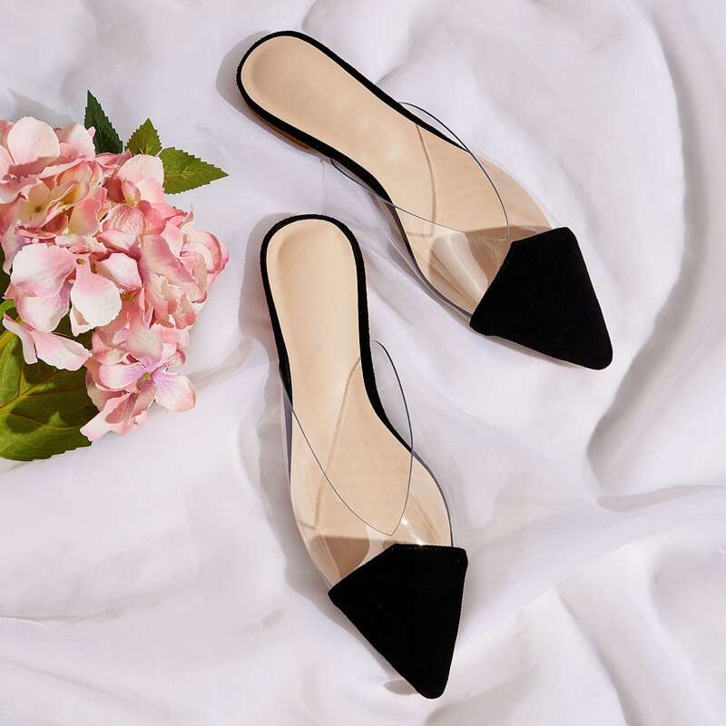 

Point Toe Flat Mules, Black