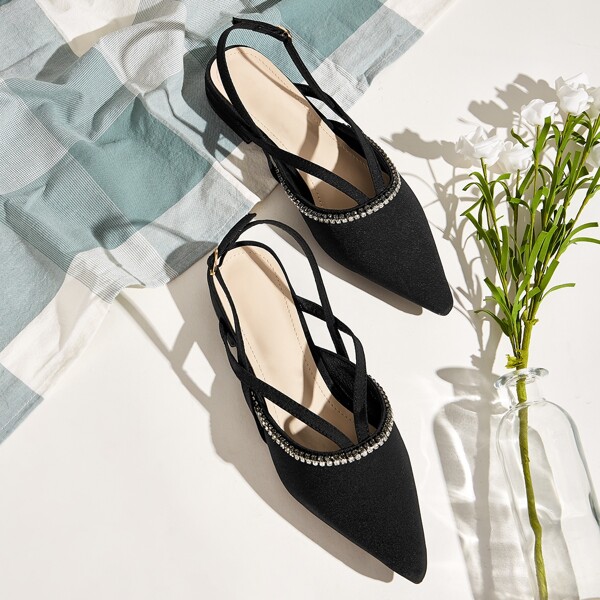 

Point Toe Rhinestone Detail Slingback Flats, Black