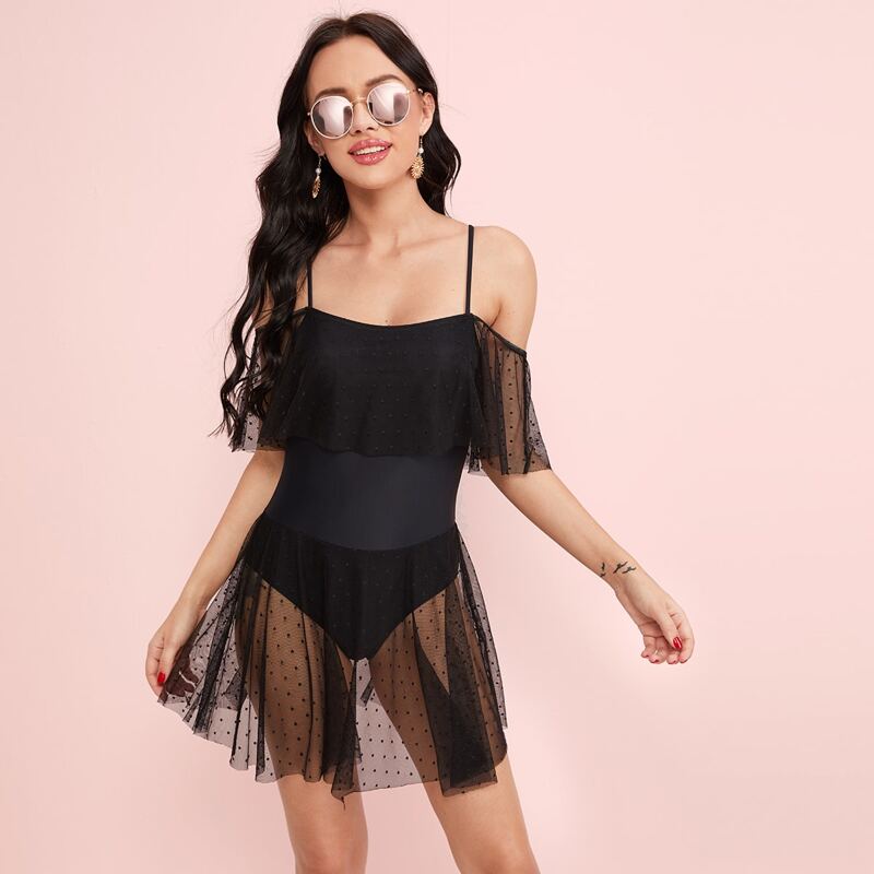 

Contrast Dobby Mesh One Piece Swimsuit, Black
