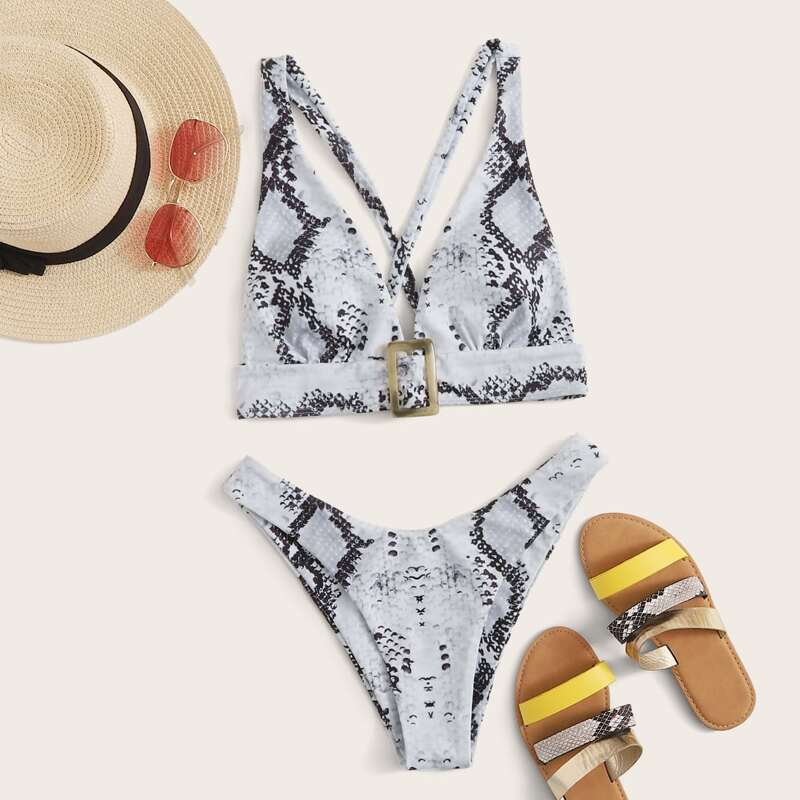 

Snakeskin Criss Cross High Cut Bikini Swimsuit, Grey