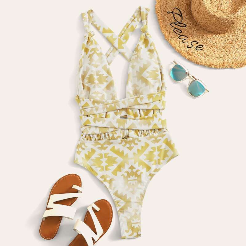 

Geo Random Print Criss Cross One Piece Swimsuit, Multicolor