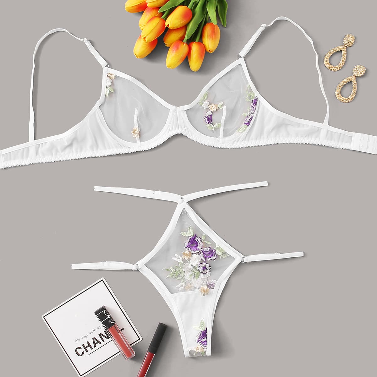 

Floral Embroidered Harness Lingerie Set, White