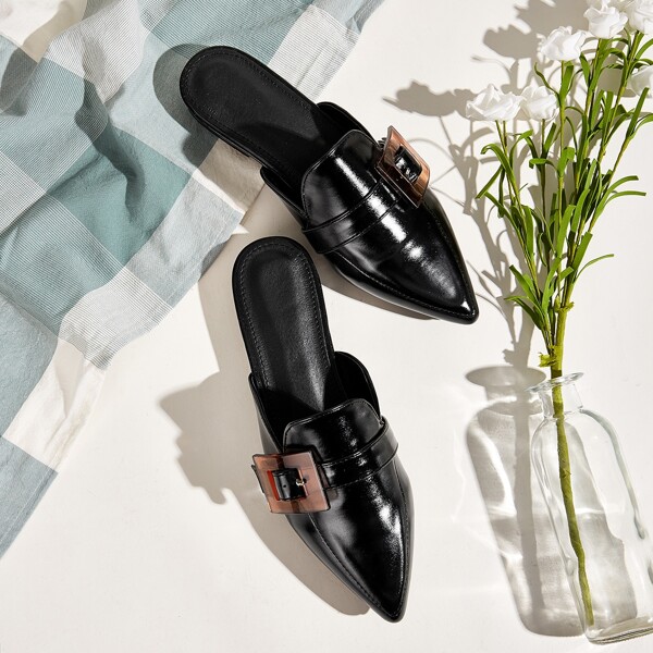 

Buckle Decor Point Toe Loafers Mules, Black