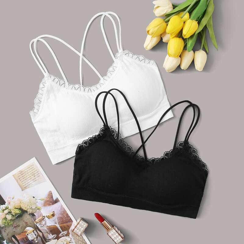 

2pack Crisscross Lace Trim Bra Set, Black and white
