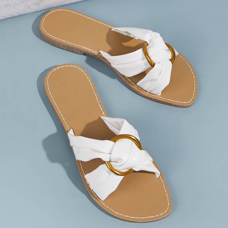 

Cross Strap Metal Ring Decor Sliders, White