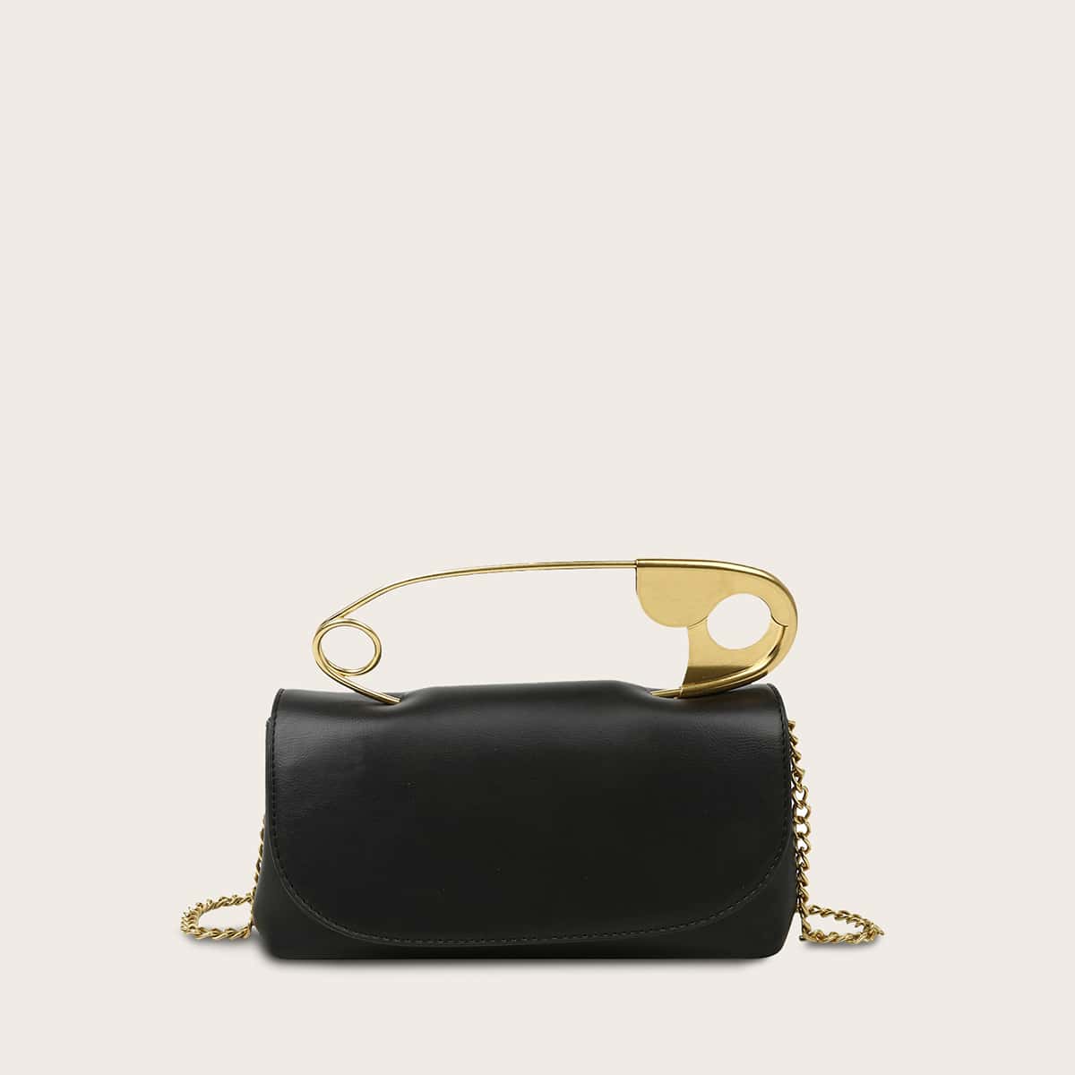 

Pin Decor Flap Chain Satchel Bag, Black