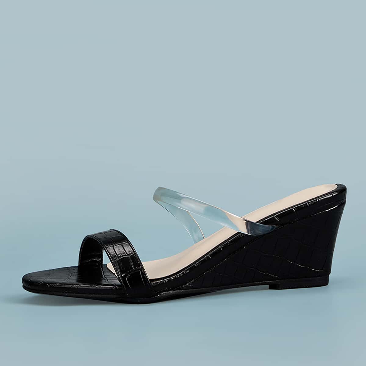 

Croc Embossed Wedges Mules, Black