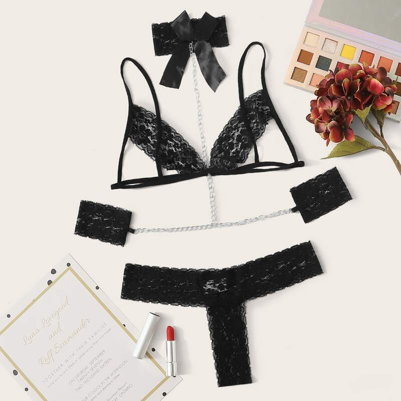 

Floral Lace Lingerie Set With Chain Linked Choker, Black