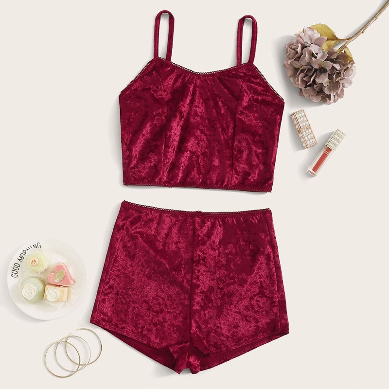 

Velvet Cami Top With Shorts PJ Set, Burgundy
