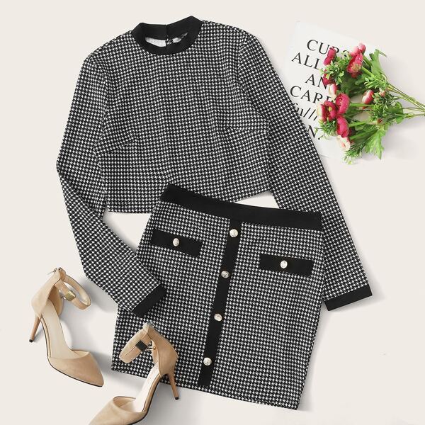 

Houndstooth Fitted Top & Buttoned Bodycon Skirt Set, Black and white
