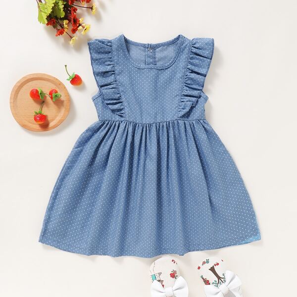 

Toddler Girls Polka Dot Ruffle Trim A-line Dress, Blue