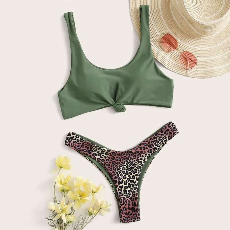 

Leopard Knot Front High Cut Bikini Swimsuit, Multicolor