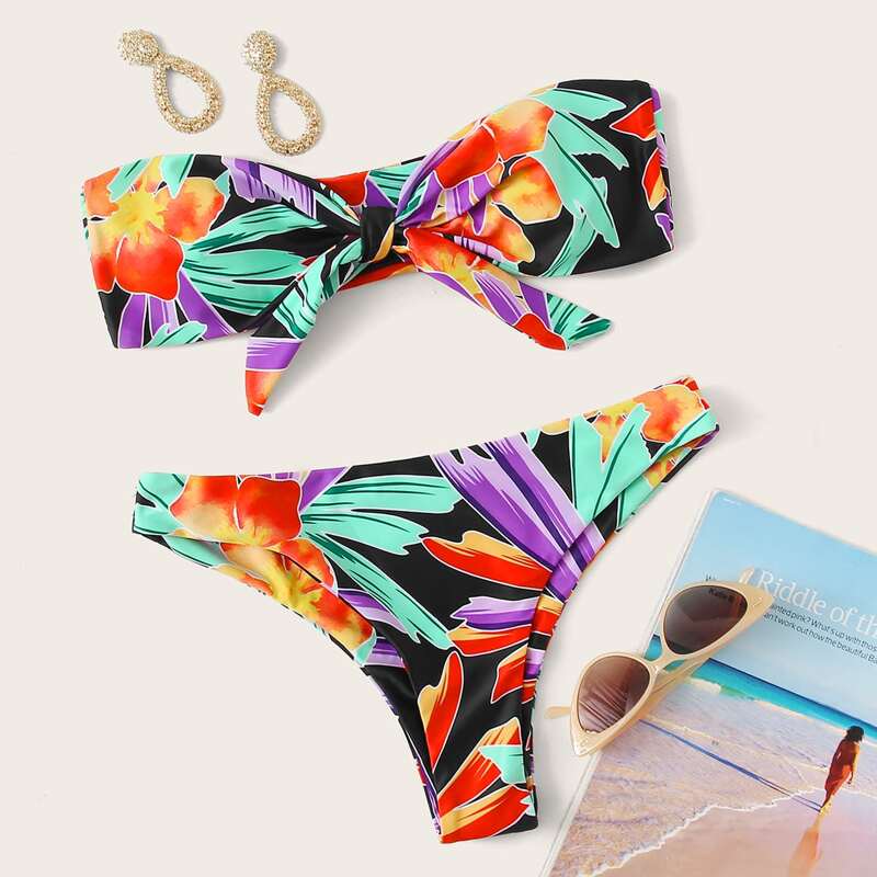 

Random Plant Tie Front Bandeau Bikini Swimsuit, Multicolor