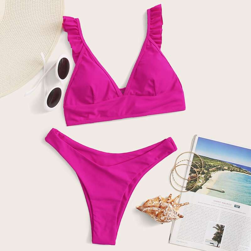 

Ruffle Trim Triangle High Cut Bikini Swimsuit, Pink bright