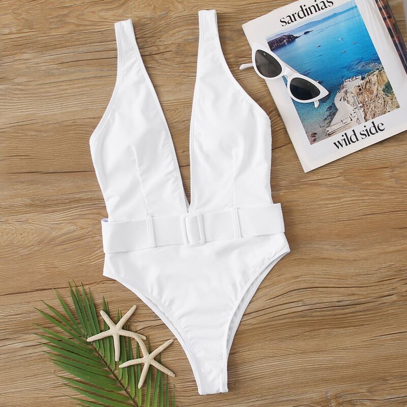 

Buckle Detail Plunging One Piece Swimsuit, White