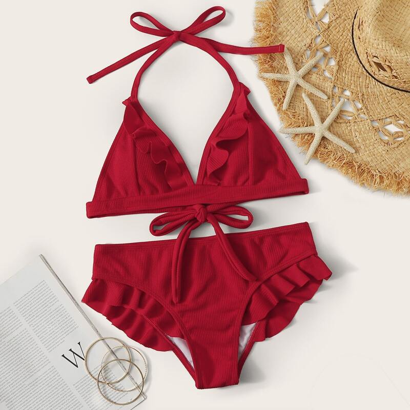 

Rib Ruffle Trim Triangle Halter Bikini Swimsuit, Red