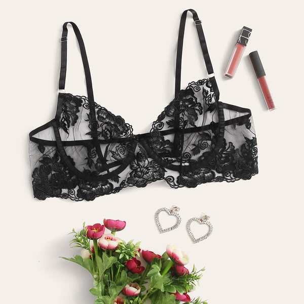 

Plus Embroidered Mesh Underwire Bra, Black