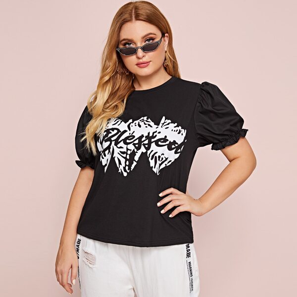 

Plus Letter Graphic Frill Cuff Puff Sleeve Top, Black