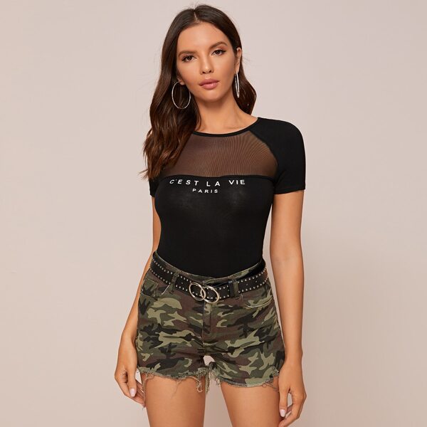 

Sheer Mesh Yoke Slogan Graphic Tee, Black