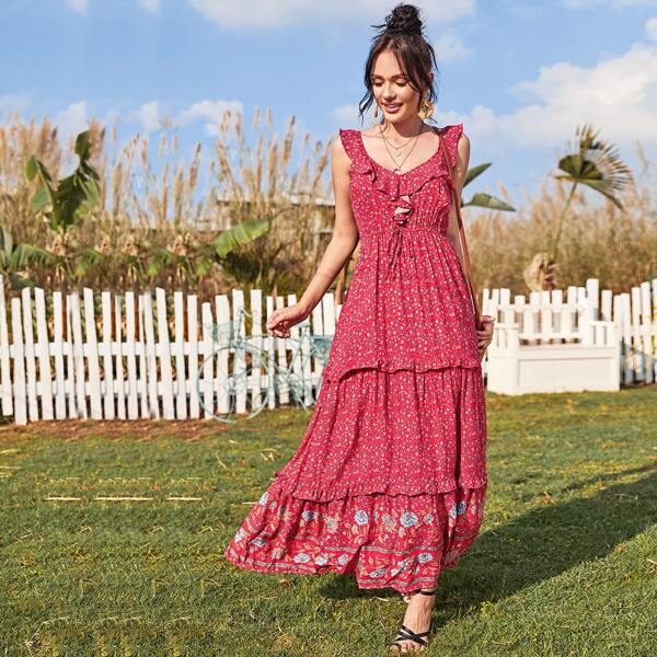 

Ditsy Floral Ruffle Trim Drawstring Waist Maxi Dress, Red