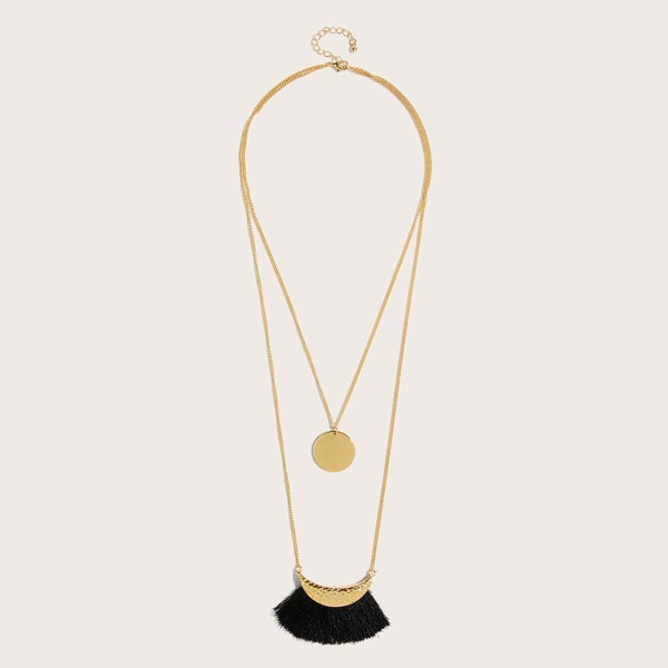 

1pc Disc & Tassel Charm Layered Necklace, Gold