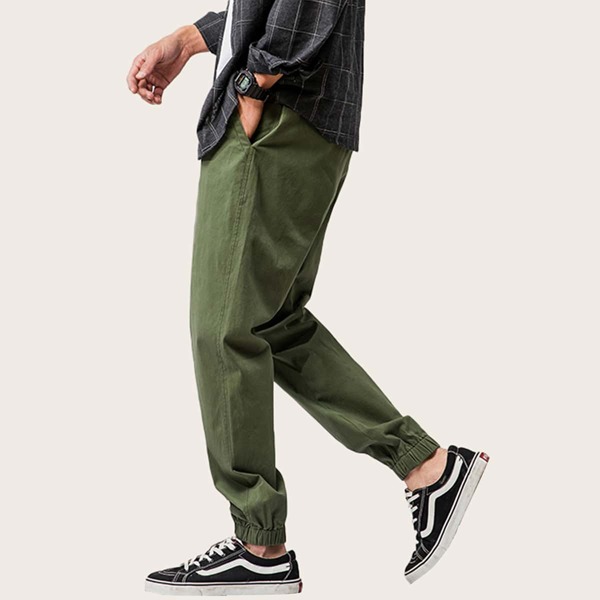 

Men Slant Pocket Solid Carrot Pants, Army green