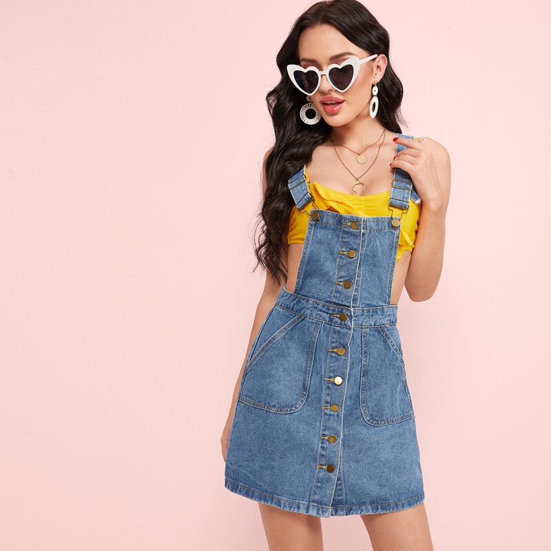 

Button Front Pocket Side Overall Dress, Blue