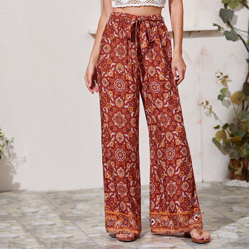 

Aztec Print Belted Wide Leg Pants, Red