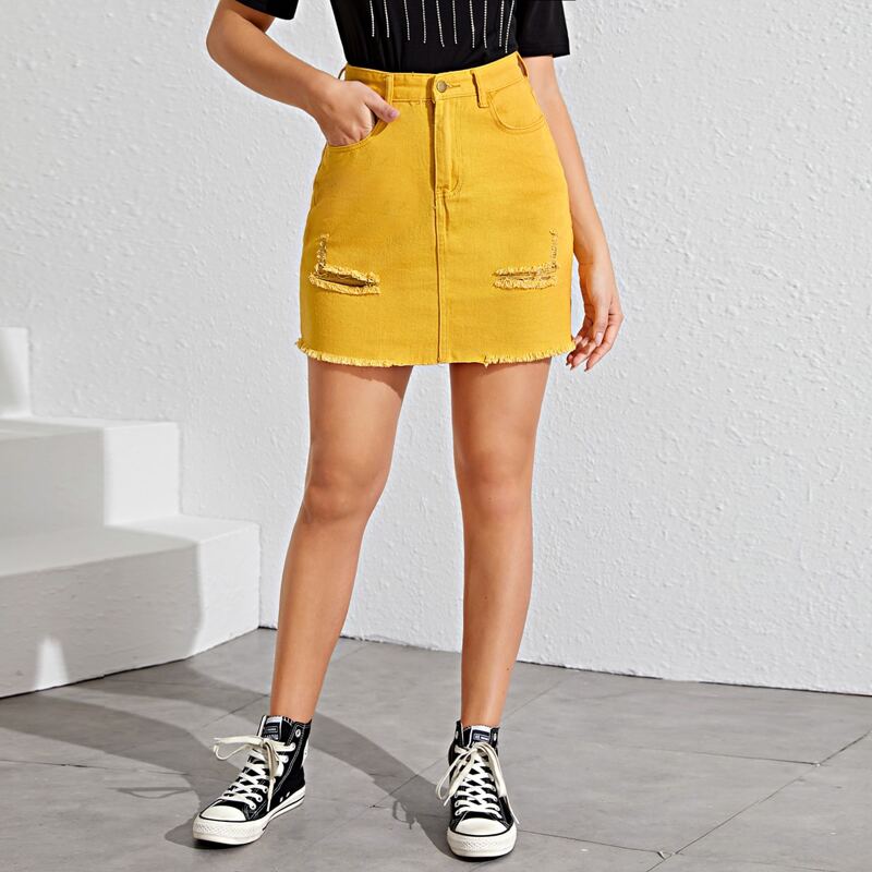 

Ripped Raw Hem Solid Denim Skirt, Yellow
