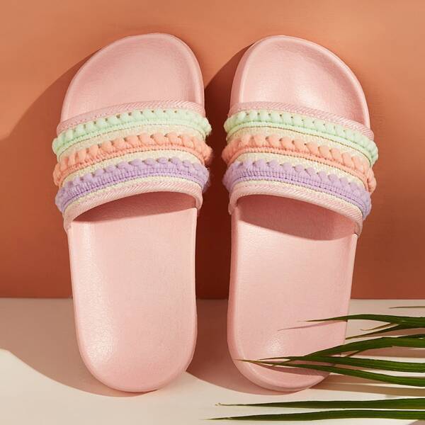 

Girls Pom-pom Decor Wide Fit Sliders, Multicolor
