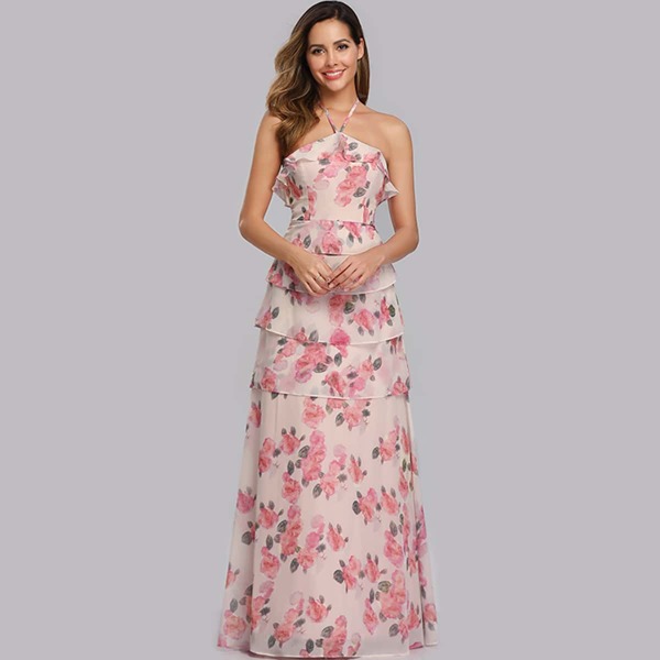 

Halterneck Ruffle Trim Layered Floral Dress, Pink